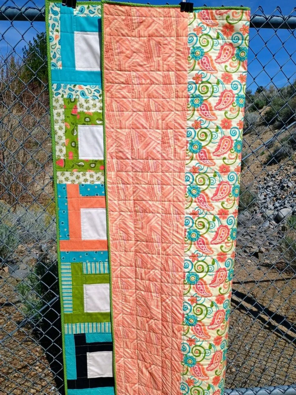 MODERN COLORFUL LAP QUILT, BLACK, TURQUOISE, CORAL, AQUA, GREEN